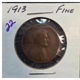 1913 US Lincoln Wheat Cent in Fine Condition