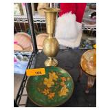 Brass Vase and Decorative Floral Plate