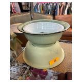 Vintage Enamel Basin and Stand in Green and White