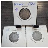 Three Liberty Head Nickels: 1897, 1899, 1912