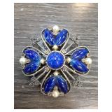 Signed CFW Blue Stone Brooch with Pearl Accents