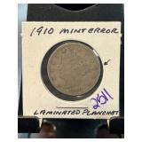 1910 Mint Error Laminated Planchet Coin