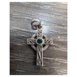 Sterling Silver Cross Charm with Green Gem