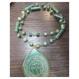 Green Bead Necklace with Engraved Pendant