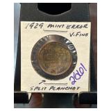 1929 Lincoln Cent Mint Error Split Planchet