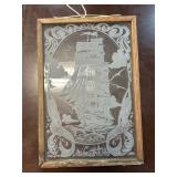 Framed Glass Etching of Sailing Ship