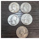 5 Silver Washington Quarters