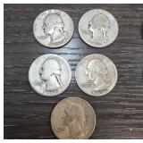 5 Silver Washington Quarters