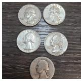 5 Silver Washington Quarters