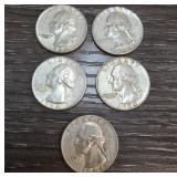 Five 1964 Washington Quarters