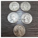 Five Washington Quarters from 1935-1958