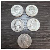 Five US Quarter Coins from Various Years