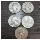 5 Silver Washington Quarters