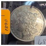 1890 Morgan Silver Dollar Coin in Display Case