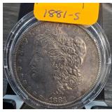 1881-S Morgan Silver Dollar in Display Case