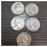 Five US Quarter Coins from 1952-1958