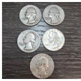 Five U.S. Washington Quarters Silver