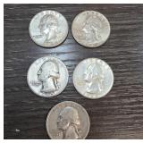 Five Washington Quarters Coins