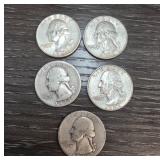 Five Washington Quarter Coins Silver