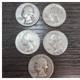 Five 1940s Liberty Washington Quarters