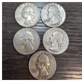 Five Washington Quarters from 1948-1964