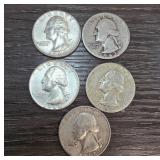 Five Circulated U.S. Washington Quarters