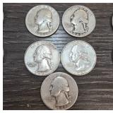 5 Silver Washington Quarters