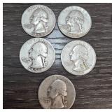 5 Silver Washington Quarters