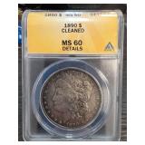 1890 Morgan Dollar MS 60 Details, Cleaned