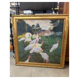 Framed Oil Painting of Turkeys in Scenic Landscape