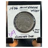 1936 Mint Error Buffalo Nickel with Clashed Dies