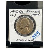 1946 S/S RPM-003 Jefferson Nickel in Choice UNC