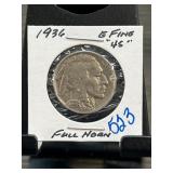 1936 Buffalo Nickel, Full Horn, EF 45
