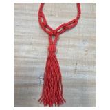 Red Beaded Necklace With Tassel Design