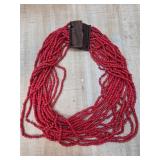 Multi-Strand Red Beaded Necklace with Wooden Clasp