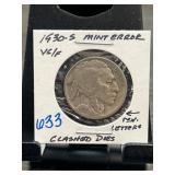 1930-S Buffalo Nickel Mint Error, Clashed Dies
