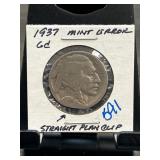 1937 Buffalo Nickel Mint Error Coin