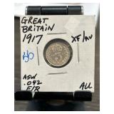 1917 Great Britain Threepence Coin in XF/AU