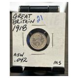 1918 Great Britain 3 Pence Coin in Holder