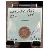 1857 Seated Liberty Dime in Holder