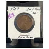 1909 First-Year Lincoln Wheat Cent in Holder