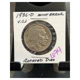 1936-D Buffalo Nickel Mint Error with Rotated Dies