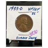 1933-D Lincoln Wheat Cent in VF/EF Condition