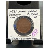 1931 Mint Error Lincoln Cent " Clashed Dies