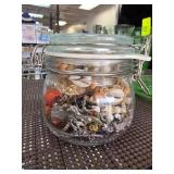 Glass Jar Filled with Costume Jewelry and Accessor