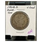 1908-D Barber Half Dollar in Very Good Condition