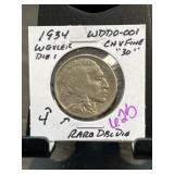 1934 Buffalo Nickel with WDDO-001 Die Features