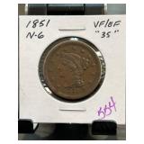 1851 Braided Hair Large Cent N-6 VF/EF