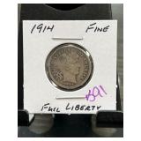 1914 Barber Dime Graded Fine Full Liberty