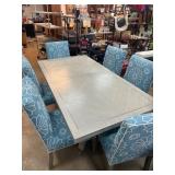 Dining Table with 6 Blue Floral Pattern Chairs